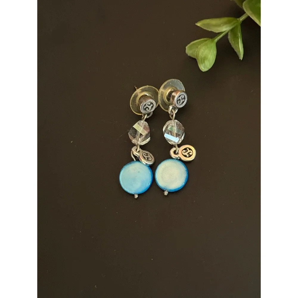 Brighton Blue Mother of Pearl Crystal Drop Earrings Silver Tone Scroll Logo